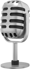 Poster - Retro Microphone. Minimalist cartoon.  Silver PNG isolated icon on transparent background. 3D rendering.