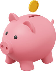 Poster - Pink piggy bank, dropping coins. PNG icon on transparent background. 3D rendering.