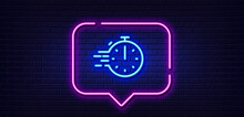 Neon Light Speech Bubble. Cooking Timer Line Icon. Frying Stopwatch Sign. Food Preparation Symbol. Neon Light Background. Cooking Timer Glow Line. Brick Wall Banner. Vector