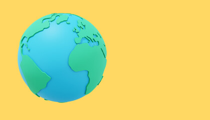 Poster - Globe Earth. Minimalist cartoon. Colorful icon on yellow background with space for text. 3D rendering.