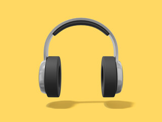 Poster - Realistic gray headphones on yellow background. Front view. 3d rendering.