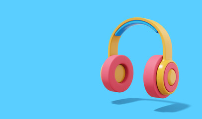 Poster - 3d rendering. Multicolored headphones on blue background with space for text.