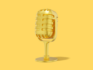 Poster - Retro Microphone. Minimalist cartoon. Gold icon on yellow background. 3D rendering.