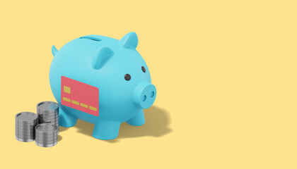 Poster - Accumulation of savings icon. Banner, space for text. 3D rendering. Blue piggy bank with stacks of coins, credit card on yellow background.