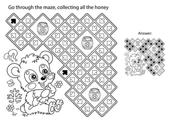 Canvas Print - Maze or Labyrinth Game. Puzzle. Coloring Page Outline Of cartoon little bear cub with barrel of honey. Coloring book for kids.