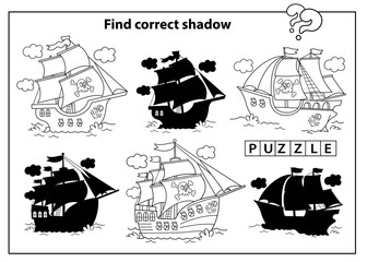 Wall Mural - Puzzle Game for kids. Find correct shadow. Coloring Page Outline Of cartoon pirate ships. Sailboats with black sails with skull in sea. Coloring book for children.