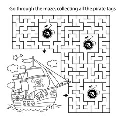 Wall Mural - Maze or Labyrinth Game. Puzzle. Coloring Page Outline Of cartoon pirate ship with treasure island. Coloring book for kids.