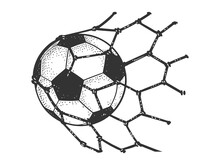Soccer Football Ball In Goal Net Sketch Engraving Raster Illustration. Scratch Board Imitation. Black And White Hand Drawn Image.
