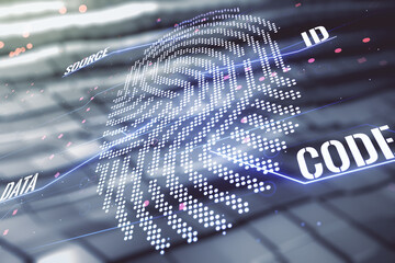 Poster - Abstract virtual fingerprint illustration on abstract metal background, personal biometric data concept. Multiexposure