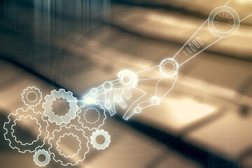 Aufkleber - Abstract virtual robotics technology sketch on shiny metal background, future technology and AI concept. Double exposure