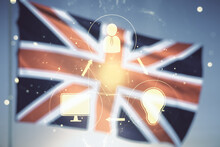Abstract Virtual Social Network Concept On Flag Of Great Britain And Sunset Sky Background. Multiexposure