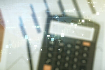 Poster - Abstract creative financial graph and world map on blurry calculator and papers background, financial and trading concept. Multiexposure