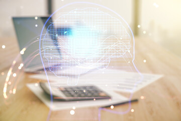 Aufkleber - Double exposure of creative human head microcircuit hologram on calculator and pc background. Future technology and AI concept