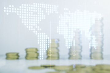 Poster - Multi exposure of abstract creative digital world map hologram on growing stacks of coins background, research and analytics concept
