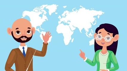 Wall Mural - teachers couple with world map animation