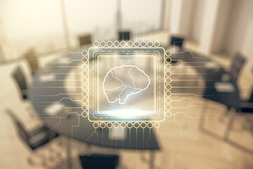 Poster - Double exposure of creative human brain microcircuit hologram on a modern boardroom background. Future technology and AI concept