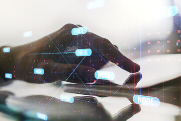 Aufkleber - Multi exposure of abstract graphic coding sketch and hand working with a digital tablet on background, big data and networking concept