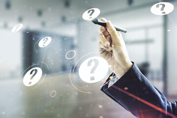 Aufkleber - Man hand with pen working with abstract virtual question mark illustration on blurred office background. FAQ and search concept. Multiexposure