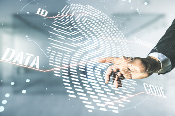 Aufkleber - Double exposure of male hand working with virtual creative fingerprint hologram on blurred office background, protection of personal information concept