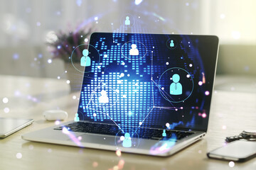 Poster - Social network media concept with world map and modern computer on background. Double exposure