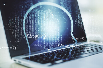 Aufkleber - Creative artificial Intelligence concept with human head hologram on modern laptop background. Multiexposure