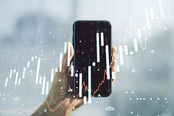 Poster - Multi exposure of abstract financial diagram and hand with cellphone on background, banking and accounting concept