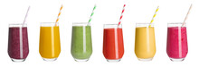 Set With Different Tasty Smoothies On White Background. Banner Design
