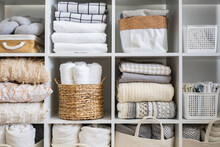 Bed Linens Closet Neatly Arrangement On Shelves With Copy Space Domestic Textile Nordic Minimalism
