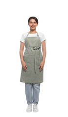 Wall Mural - Young woman in green apron on white background