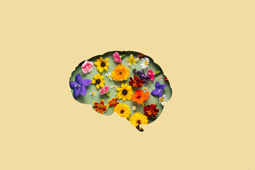 Wall Mural - Paper cut brain and flowers on yellow background. Mental health concept