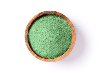 Poster - Green herbal protein powder in wooden bowl isolated on white background. Clipping path. Top view. Flat lay