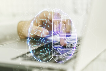 Poster - Creative artificial Intelligence concept with human brain sketch and hands typing on computer keyboard on background. Double exposure