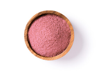 Sticker - Pink fruity protein powder in wooden bowl  isolated on white background. Top view. Flat lay.