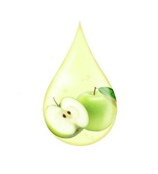 Drop of green apple serum collagen oil isolated on white background. Fruit collagen, natural organic cosmetic ingredient for skin care, beauty and spa concept.