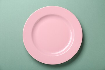 Empty pink ceramic plate on green background, top view