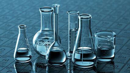 Wall Mural - glass chemistry lab equipment on blue background. chemistry lab concept. 3d