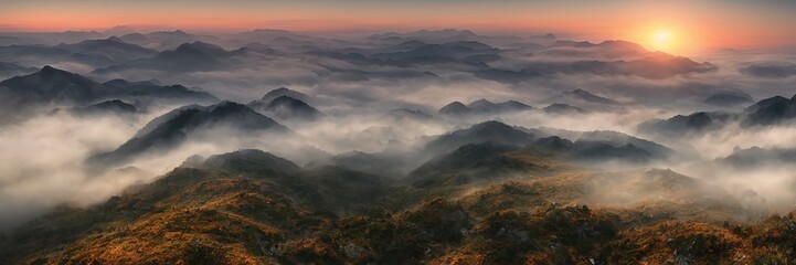 Fototapete - Sunrise in the mountains, beautiful landscape. Morning fog flows down the slopes of the mountains. Panorama of mountain peaks and ridges. 3d illustration