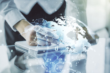 Poster - Multi exposure of abstract programming language hologram with world map and man hand writing in notepad on background, artificial intelligence and neural networks concept