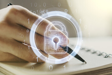 Aufkleber - Creative lock illustration with microcircuit and man hand writing in diary on background, cyber security concept. Multiexposure