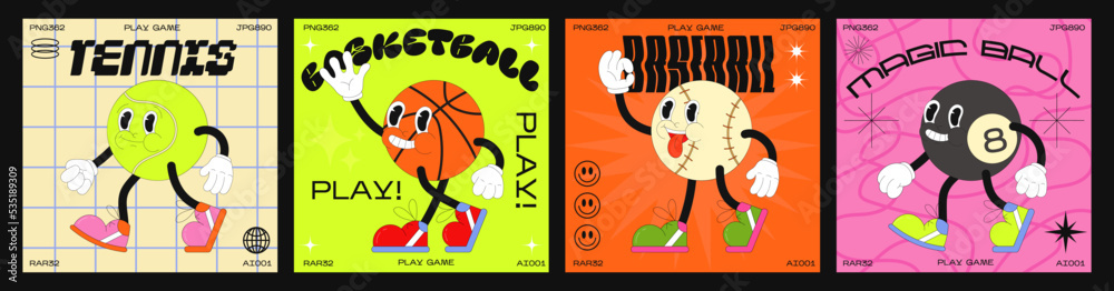 Cartoon characters balls 90s. Fashion poster. funny colorful characters ...
