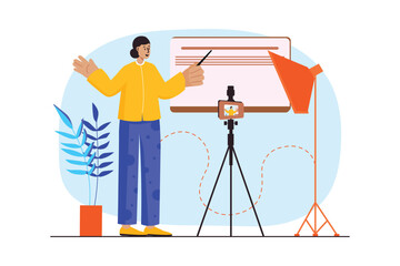 Video blogging concept with people scene in the flat cartoon design. Teacher records video lessons with explanations of topics and uploads them to the Internet. Vector illustration.