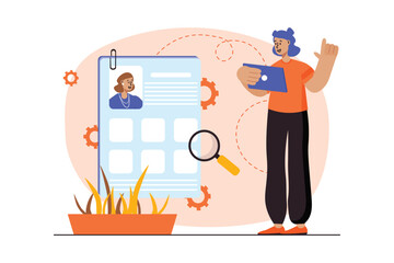 Poster - Job search orange concept with people scene in the flat cartoon style. Manager reviews the resumes of various candidates for a new position. Vector illustration.