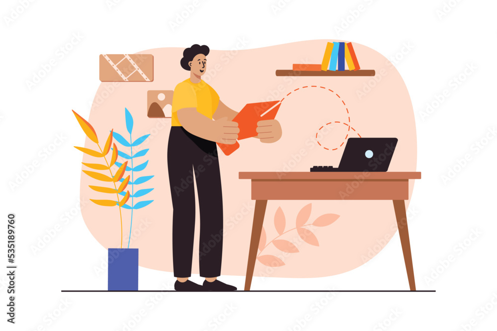 Design studio orange concept with people scene in the flat cartoon ...