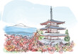Chureito pagoda and Mountain Fuji in autumn. Japan. Watercolor illustration for calemndar, poster, postcard, social media post or travel magazine