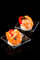 Canvas Print - Mini snacks shrimp Cold appetizer. Snacks for public catering