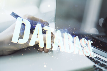 Poster - Double exposure of creative Database word hologram and hand writing in diary on background with laptop, research and development concept