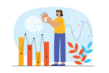 Aufkleber - Sales performance blue concept with people scene in the flat cartoon style. Manager receives more profit as a result of successful sales. Vector illustration.