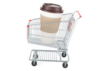 Shopping Cart With Disposable Cup With Hot Drink, 3D Rendering