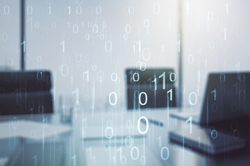 Aufkleber - Creative concept of binary code illustration and modern desktop with computer on background. Big data and coding concept. Multiexposure