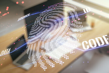 Aufkleber - Double exposure of abstract creative fingerprint hologram and modern desk with computer on background, protection of personal information concept